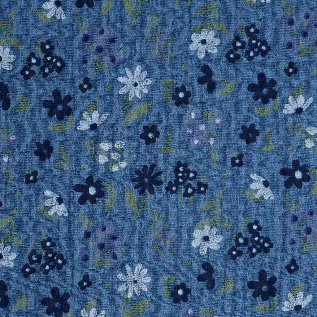 Musselin Double Gauze blaue weiße Blümchen auf jeansblau